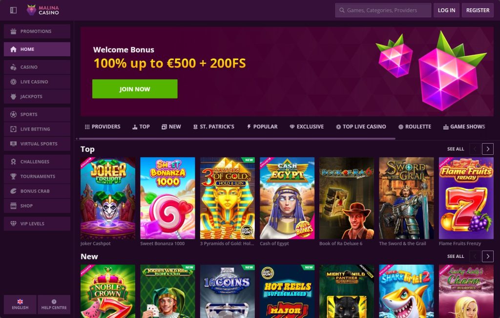 Malina Casino front page
