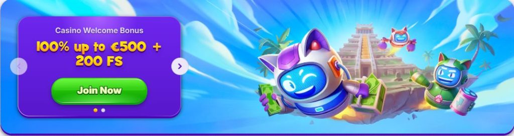 Robocat welcome bonus 100% up to 500€ + 200 free spins