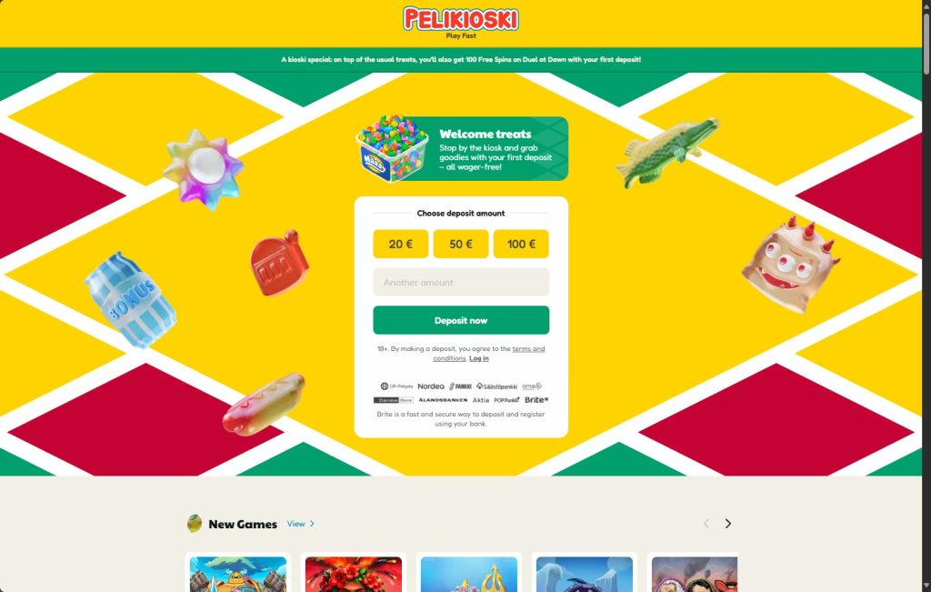 Pelikioski Game lobby and deposit window with welcopme bonus