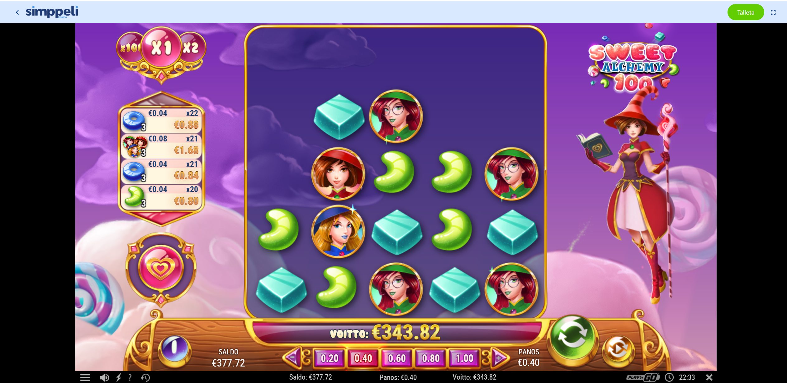 sweet alchemy 100 – Simppeli (343.82 eur / 0.40 bet) | Ihalaiska