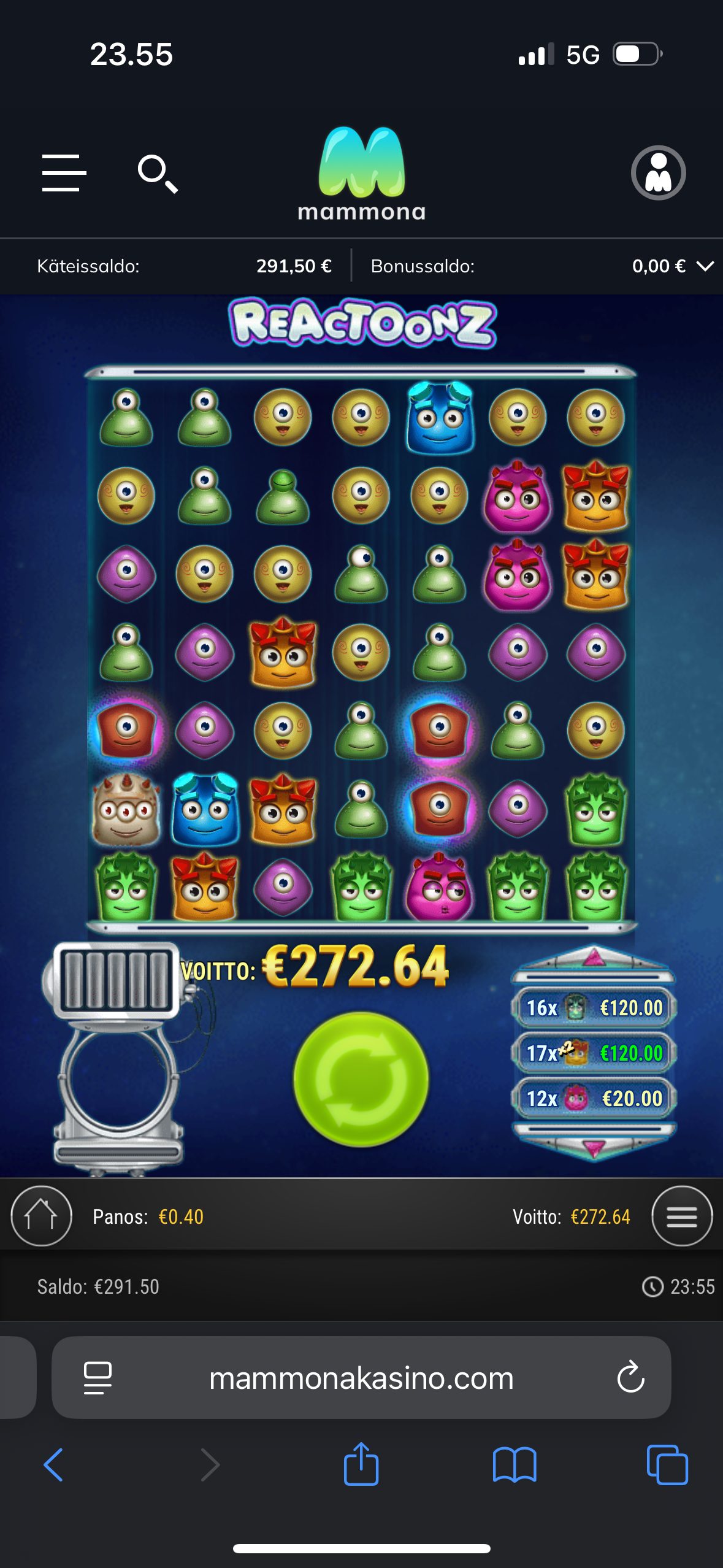Reactoonz – Mammona (272.64 eur / 0.40 bet) | Ihalaiska