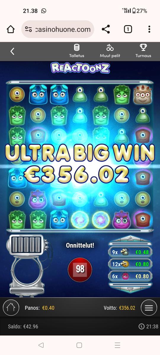 Reactoonz – Unibet (356.02 eur / 0.40 bet) | Kapteni85