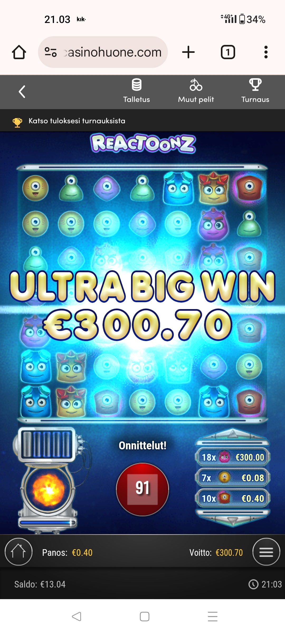 Reactoonz – Unibet (300.70 eur / 0.40 bet) | Kapteni85