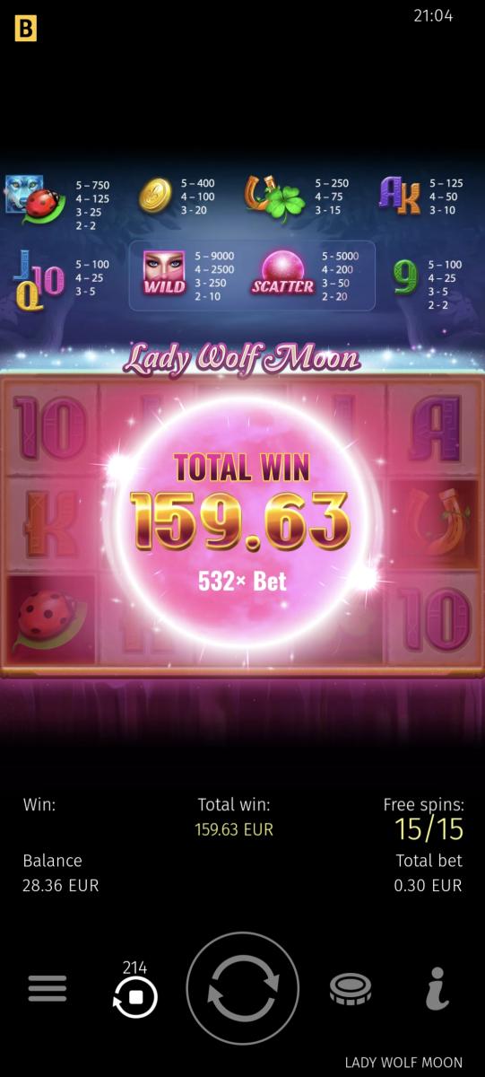 Lady wolf – Rocket Win (159.63 eur / 0.30 bet) | Tuikku12345