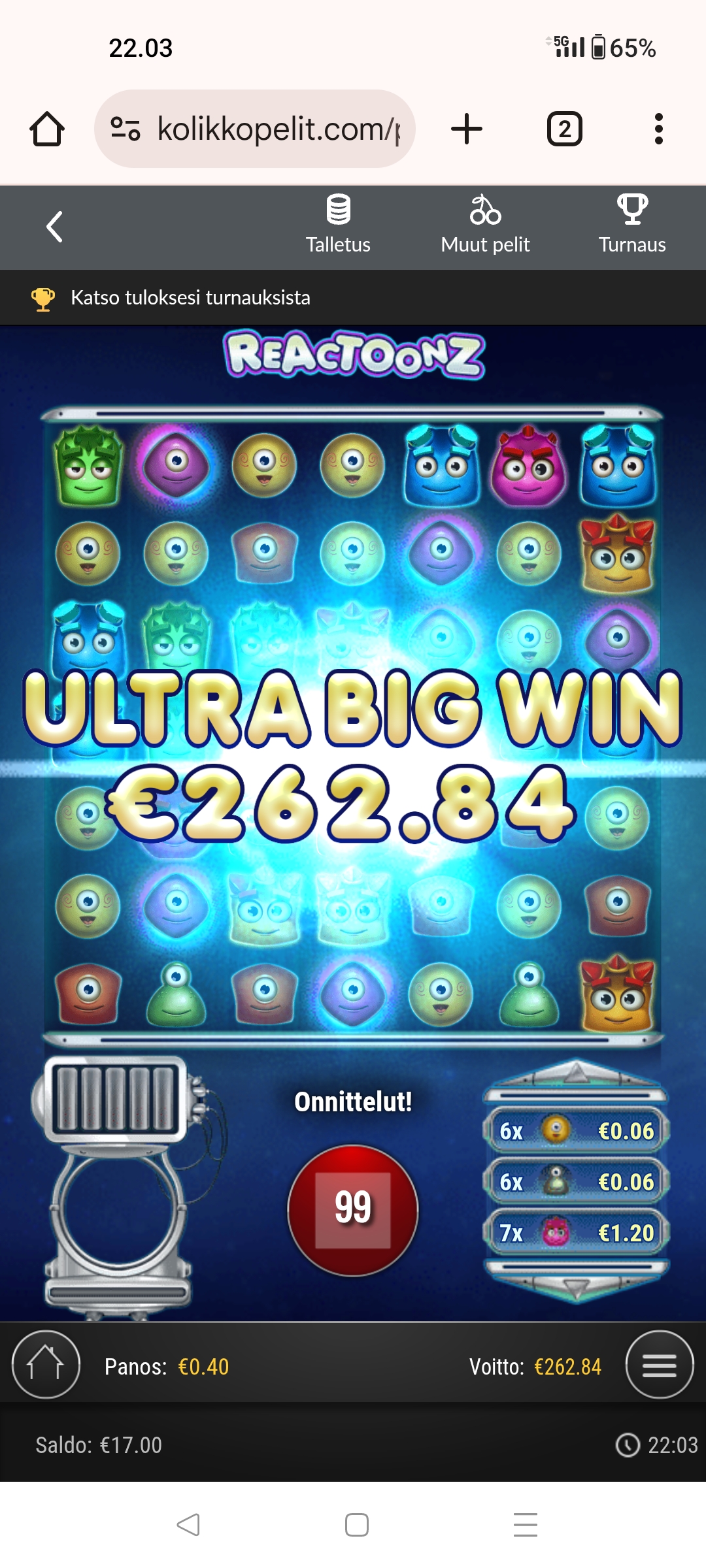 Reactoonz – Unibet (262.84 eur / 0.40 bet) | Kapteni85