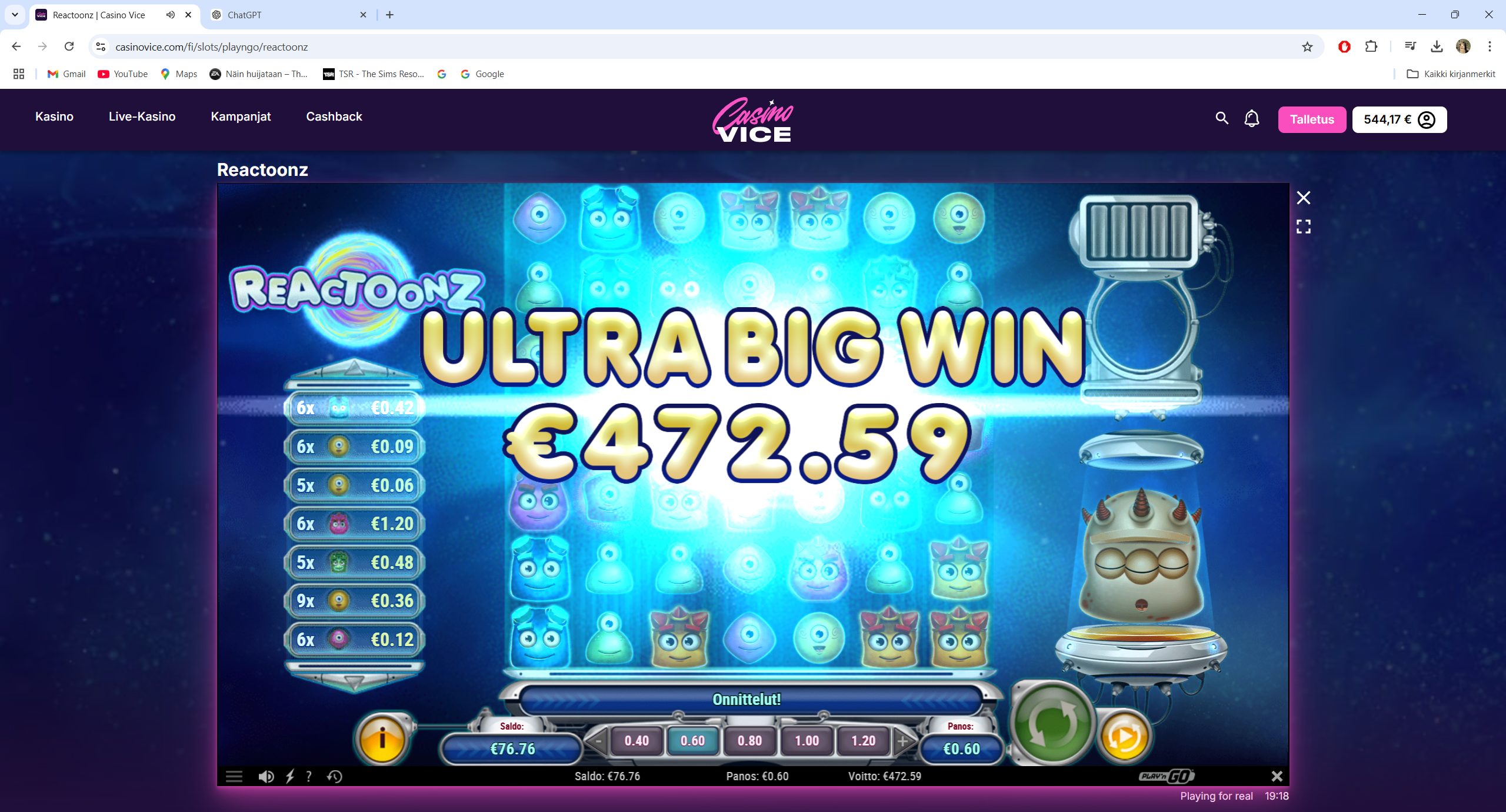 Reactoonz – Unibet (472.59 eur / 0.60 bet) | Ihalaiska