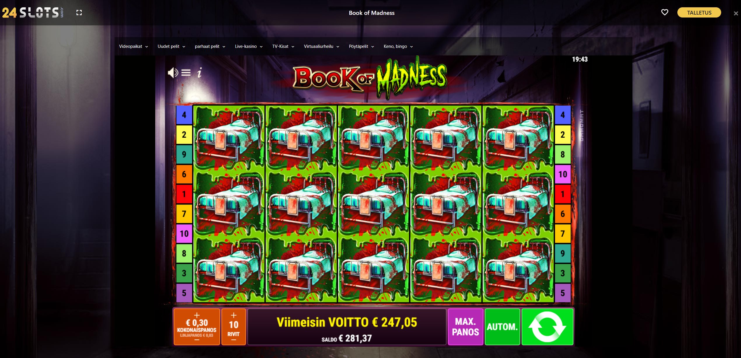 Book of Madness – 24Slots (247.05 eur / 0.30 bet) | Ihalaiska