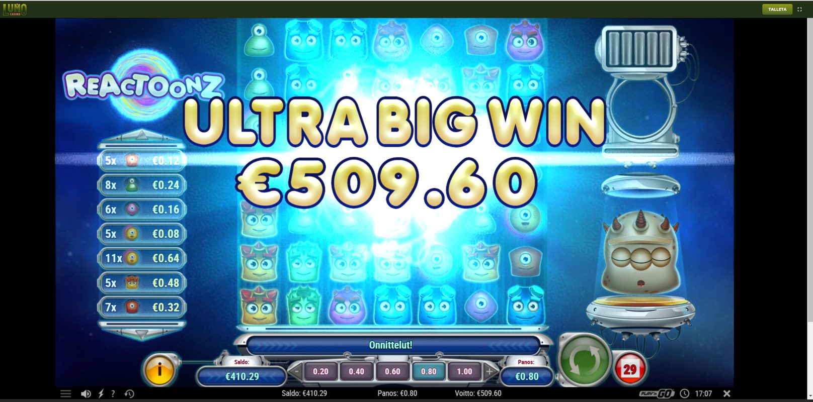 Reactoonz – Unibet (509.60 eur / 0.80 bet) | Ihalaiska